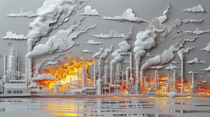 A layered papercut showing a refinery processing oil, with intricate paper smoke and flame details.