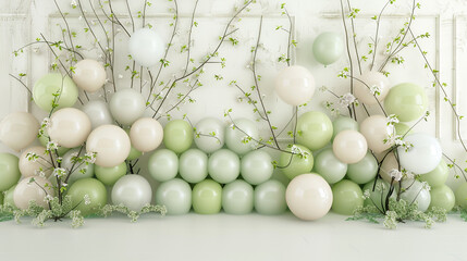 An abstract spring balloon wall, with balloons arranged in a pattern that mimics the growth of spring vines and blooms, in soft greens and whites,