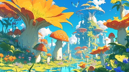 A fantasy landscape with oversized flowers and towering mushrooms, inhabited by whimsical creatures.