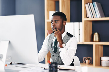 Business, office or black man on computer to research for consulting, legal advice or networking....