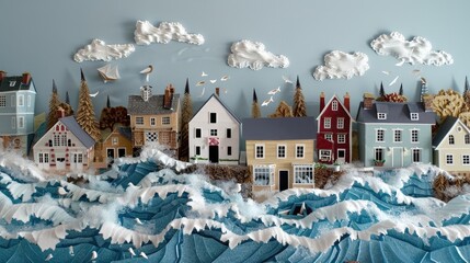 A papercut diorama of a coastal town during a high tide event, with water spilling into streets and homes.