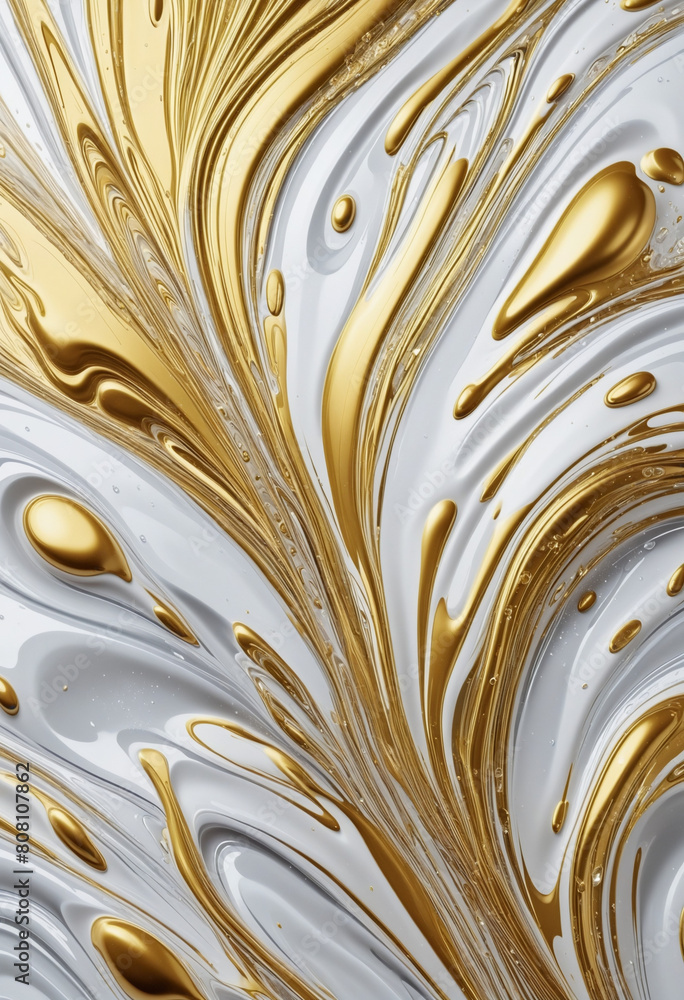 Poster abstract generative ai design with liquid gold and silver textures on a white background, featuring 