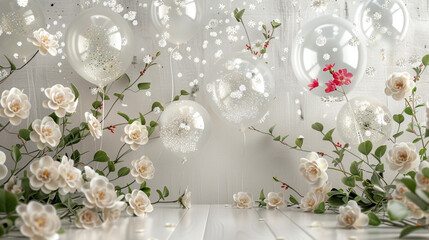 An airy and light spring balloon wall, with transparent balloons filled with glitter and small flowers, surrounded by realistic camellias 