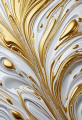  Abstract generative AI design with liquid gold and silver textures on a white background, featuring negative space and fluid movements 