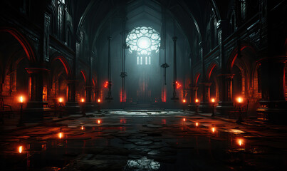 Dimly Lit Church With Floor Candles. Generative AI