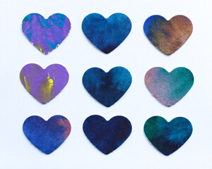 blue and purple hearts in watercolor style isolated on white background. Handmade.	