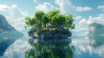 Amazing island with grove floating in the air, in the space and mini house. Generative AI illustrations.