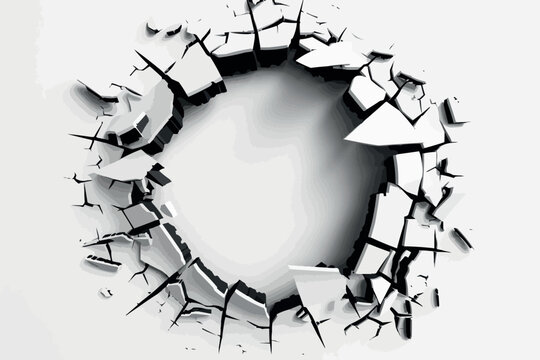 Exploding wall with free area on center. Dark destruction cracked hole in white stone wall. 3d render illustration