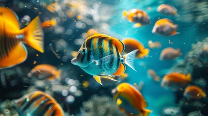oceanic marine life, exploring deep sea with exotic fish in turquoise water, witnessing a mesmerizing underwater tropical life