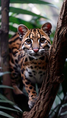Ocelot Peering Intently from Tropical Rainforest Trees