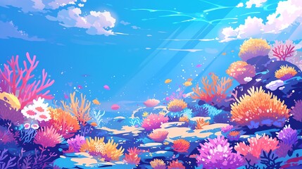 A dreamy underwater scene with colorful coral reefs and sea anemones blooming like flowers.