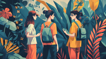 Two animated characters with backpacks engaging in conversation amidst a lush, stylized jungle with colorful flora and abstract shapes.