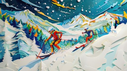 A vibrant papercut depicting a family skiing down a snowy mountain