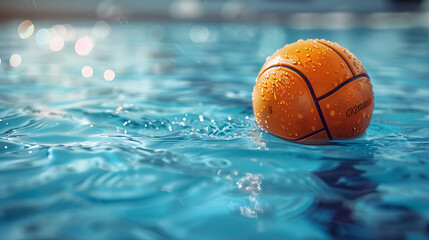 A closeup of Water polo ball, against Pool as background, hyperrealistic sports accessory photography, copy space