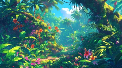 A lush jungle scene with exotic flowers and tropical foliage, teeming with life and vibrant colors. Anime background