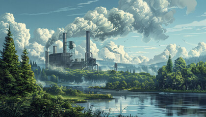 Carbon credit: Illustration of an industrial facility with smokestacks amidst a lush forest landscape, contrasting natural beauty with human industrial activity and potential environmental impact.