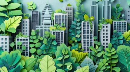 A vibrant papercut depicting a green rooftop garden on an urban building