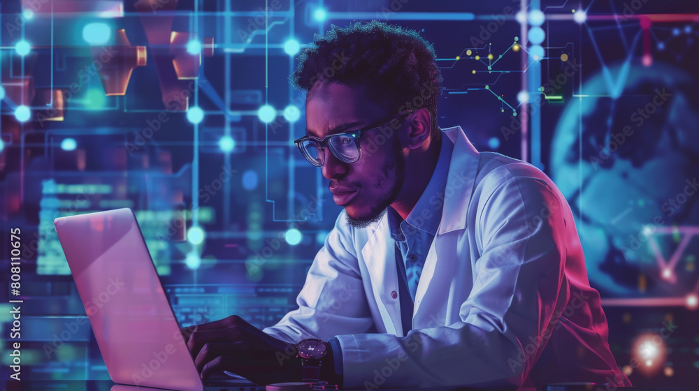 Poster a focused individual analyzing data on a laptop with futuristic digital graphs overlaying the image,