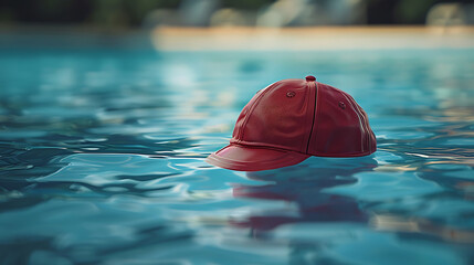 A closeup of Water polo cap, against Pool as background, hyperrealistic sports accessory...