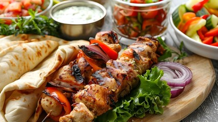 Traditional Middle Eastern food with chicken shawarma kebab and pita wrap. Concept Middle Eastern...