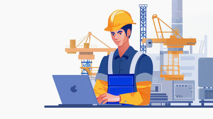 Illustration of a construction worker in a hard hat using a laptop with industrial cranes in the background, representing construction management or engineering. - obrazy, fototapety, plakaty