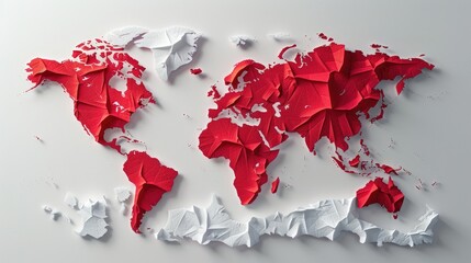 A world map in papercut style with areas highlighted in red to indicate regions most affected by temperature increases.