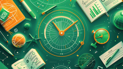 Illustration of navigation and exploration concepts, featuring a compass, maps, graphs, and airplane models, in a unified green-toned color scheme.