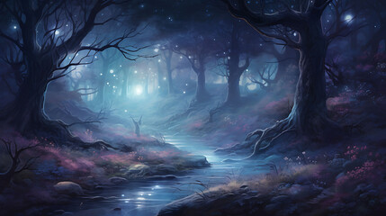 Illustrate a watercolor background depicting a mystical woodland clearing bathed in moonlight