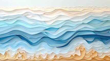 Abstract papercut art of ocean waves encroaching on a sandy beach, with layers of paper showing gradual sea level rise.