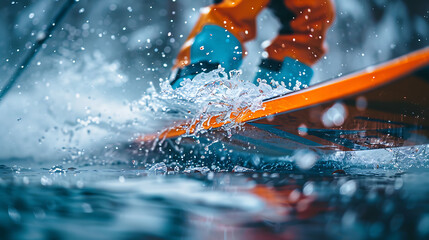 A closeup of Water Skiing Water skis, against Water as background, hyperrealistic sports accessory...