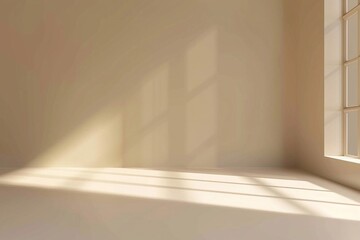 Abstract light beige wall, intricate interplays of light and shadow from the window.
