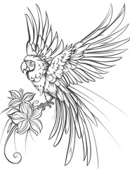 Fototapeta premium A drawing of a parrot with a flower in its beak