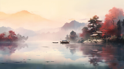 Illustrate a watercolor background depicting a serene lakeside at dawn, with mist rising from the water