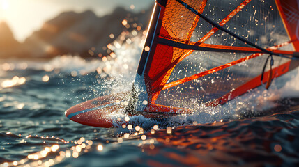 A closeup of Windsurfing Windsurfer, against Water as background, hyperrealistic sports accessory...