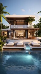 Stunning modern villa featuring an infinity pool with a panoramic view of the ocean set against a beach backdrop