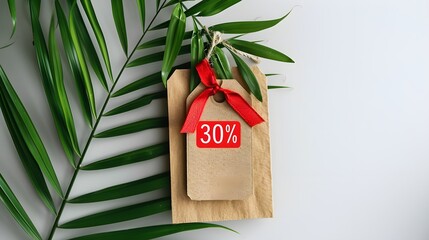 30% Off Sale Tag with Red Ribbon on Leaf 