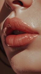 Fototapeta premium A sensual close-up image highlighting the glossy texture of full pink lips