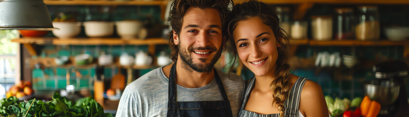 Young couple smiling in the kitchen.