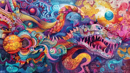 Obraz premium Capture a tilted angle view of traditional customs reimagined as vibrant street art Infuse leadership principles into the artwork with a graffiti-inspired style and bold colors