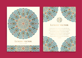 Colorful luxury invitation card design with vector mandala pattern. Vintage ornament template. Can be used for background and wallpaper. Elegant and classic vector elements great for decoration.