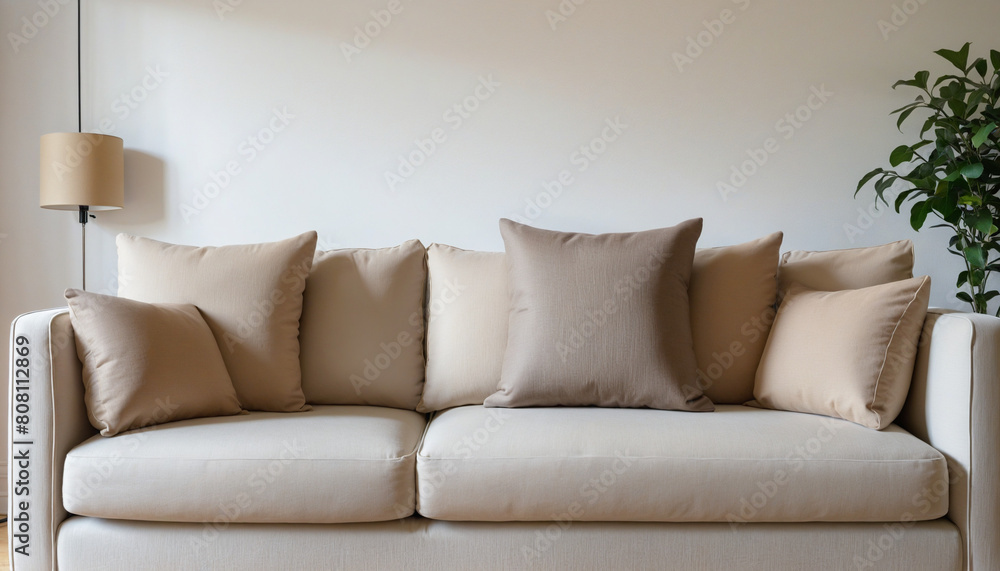 Poster a beautiful and cosy nordic sofa with puffy pillows in a contemporary home interior, creating a comf
