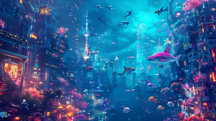 Illustrate a mesmerizing scene of bioluminescent sea creatures floating gracefully amidst neon-lit cityscape Blend fantastical elements with urban realism