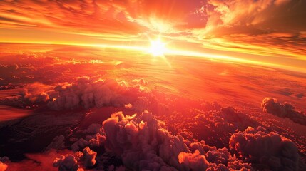 3D Render Sunrise View from Space on Planet Earth, Red bright sunset with the rays of the sun at a bird39s eye view from space and clouds beautiful landscape wallpaper for desktop realistic