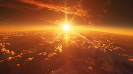 3D Render Sunrise View from Space on Planet Earth, Red bright sunset with the rays of the sun at a...