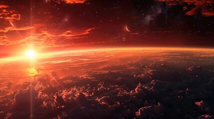 3D Render Sunrise View from Space on Planet Earth, Red bright sunset with the rays of the sun at a...