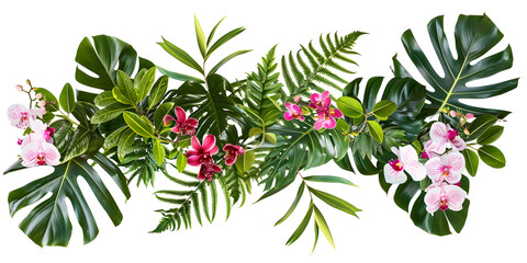 Tropical leaves and flowers isolated on white background with clipping path