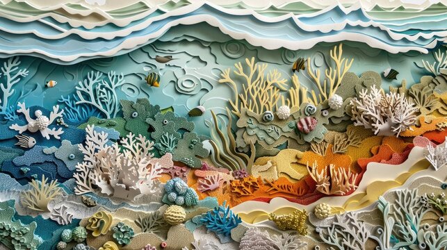 An intricate papercut showing a coral reef with water levels visibly higher, threatening marine ecosystems.
