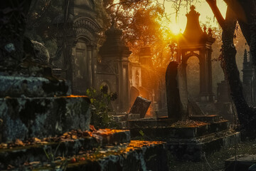 Obraz premium A close-up shot of a necropolis at sunset, with eerie shadows and crumbling statues creating a hauntingly beautiful scene