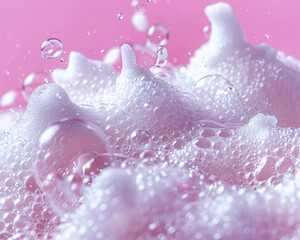 Obraz premium Close-up of soap foam on a light background. Bubbles of foam from soap, shampoo or detergent on a light pastel background. A realistic image with a place to copy.
