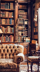 A close-up view of a light library with vintage books and ornate furniture